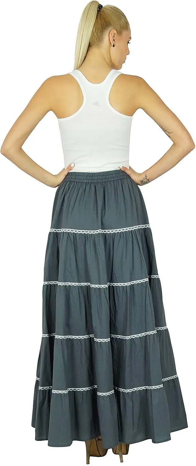 Bimba Womens Long Flaired Cotton Skirt Boho Maxi Bottoms Elastic Waist Indian Clothing
