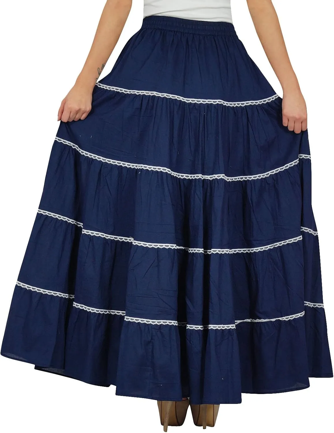 Bimba Womens Long Flaired Cotton Skirt Boho Maxi Bottoms Elastic Waist Indian Clothing