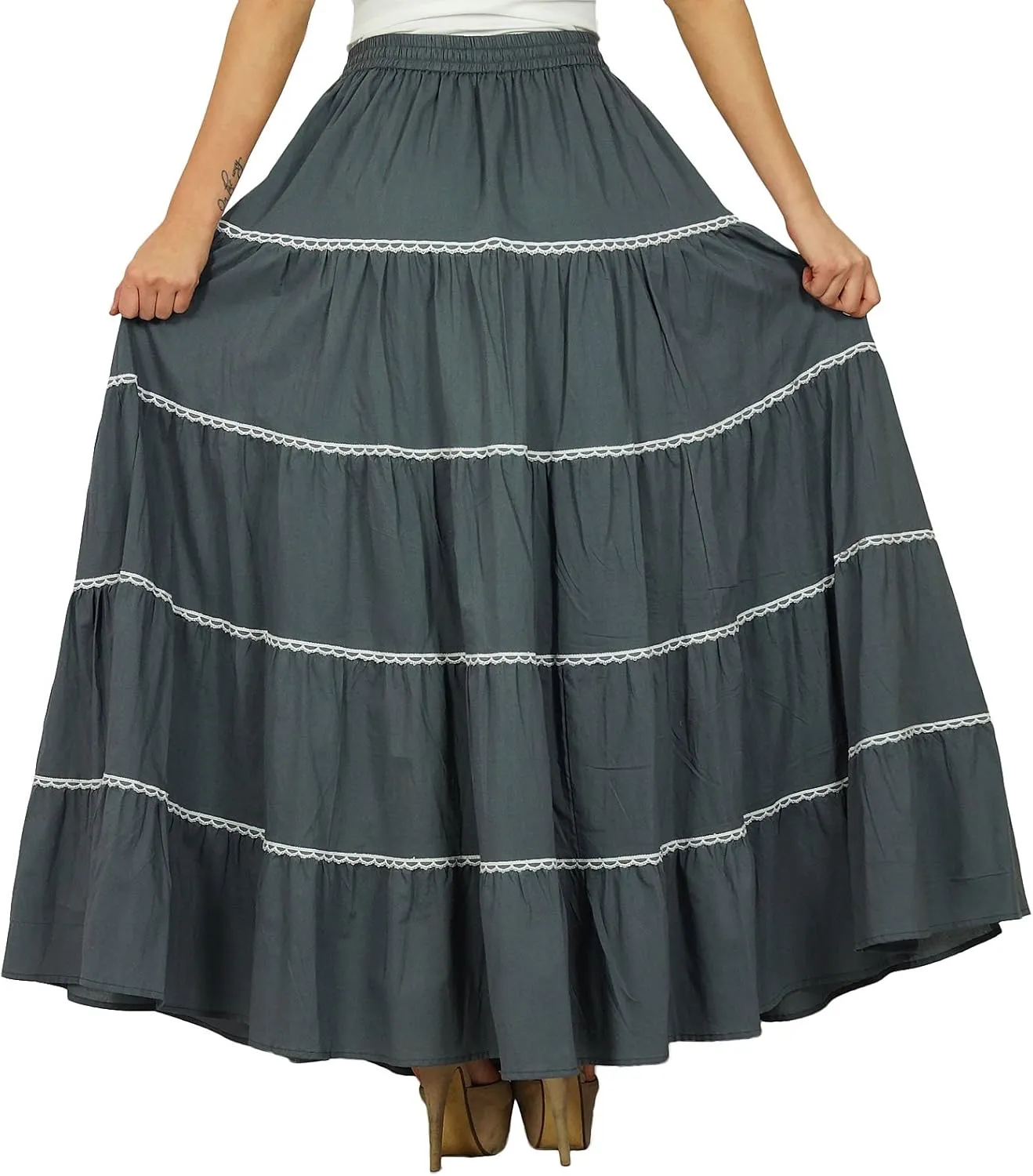 Bimba Womens Long Flaired Cotton Skirt Boho Maxi Bottoms Elastic Waist Indian Clothing