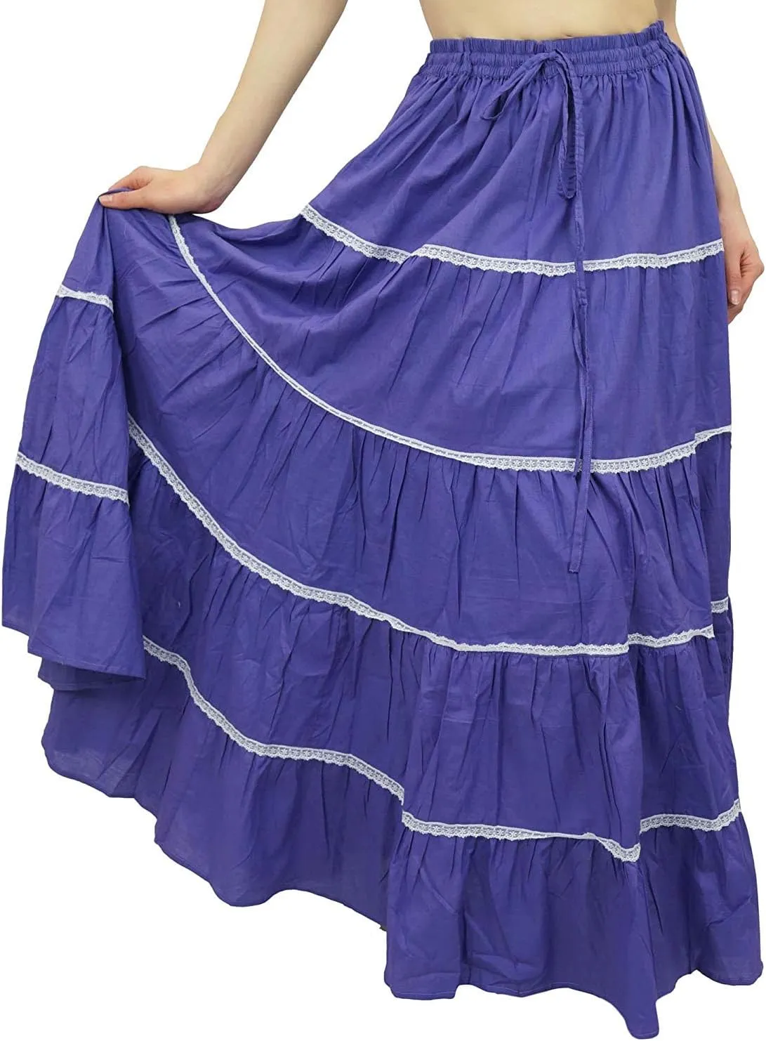 Bimba Womens Long Flaired Cotton Skirt Boho Maxi Bottoms Elastic Waist Indian Clothing