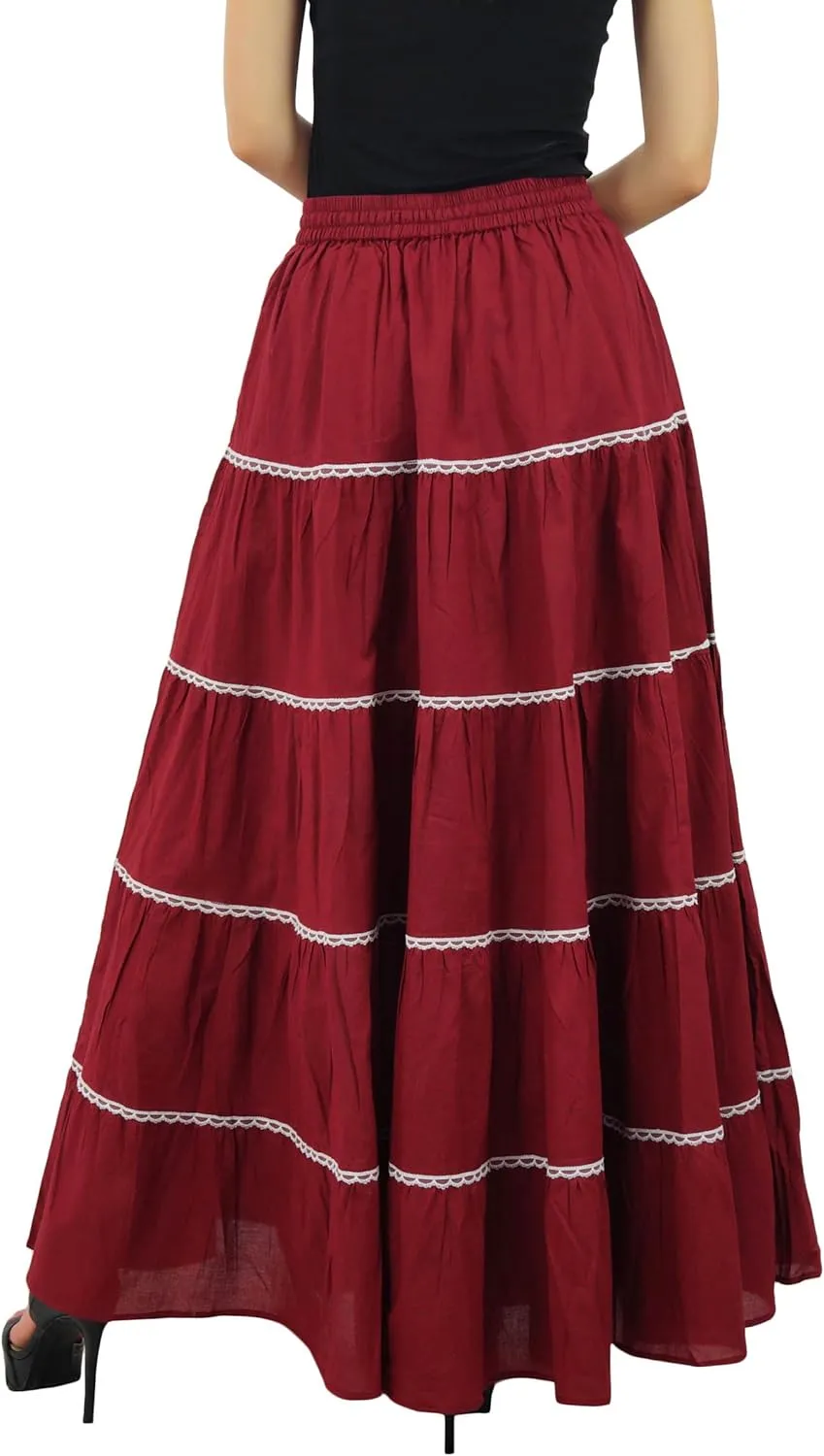 Bimba Womens Long Flaired Cotton Skirt Boho Maxi Bottoms Elastic Waist Indian Clothing