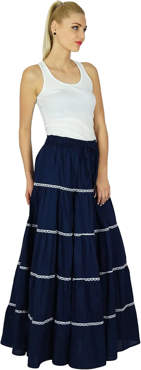 Bimba Womens Long Flaired Cotton Skirt Boho Maxi Bottoms Elastic Waist Indian Clothing