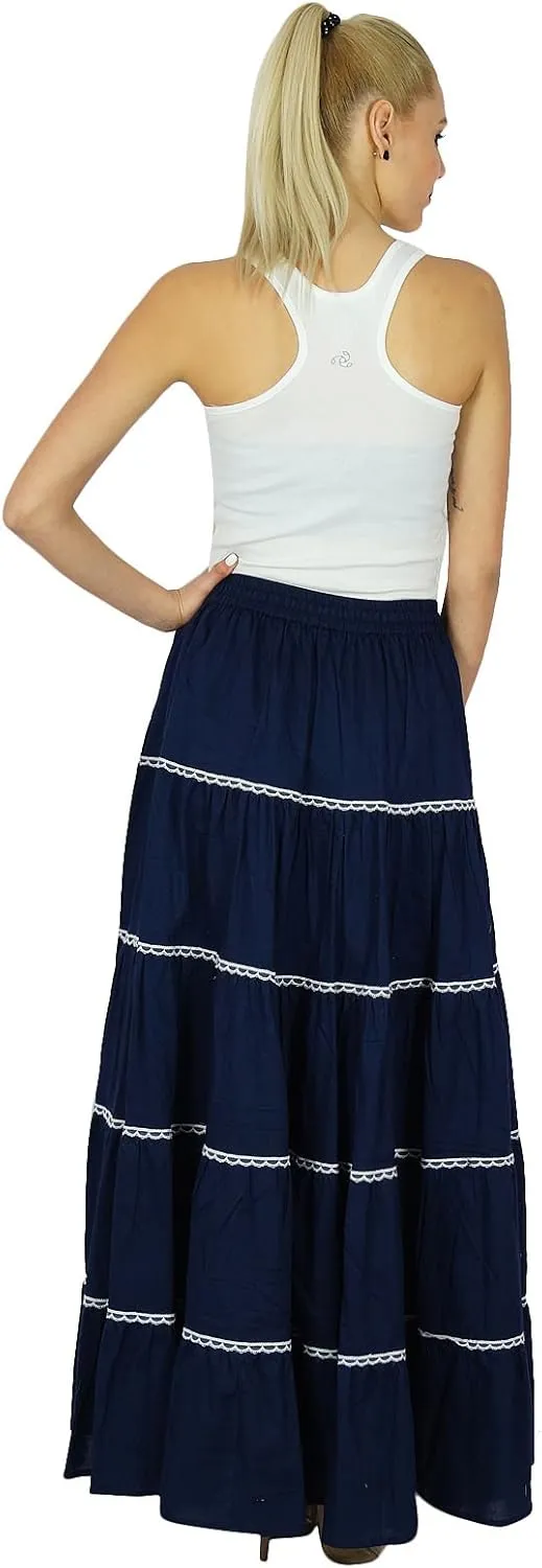 Bimba Womens Long Flaired Cotton Skirt Boho Maxi Bottoms Elastic Waist Indian Clothing