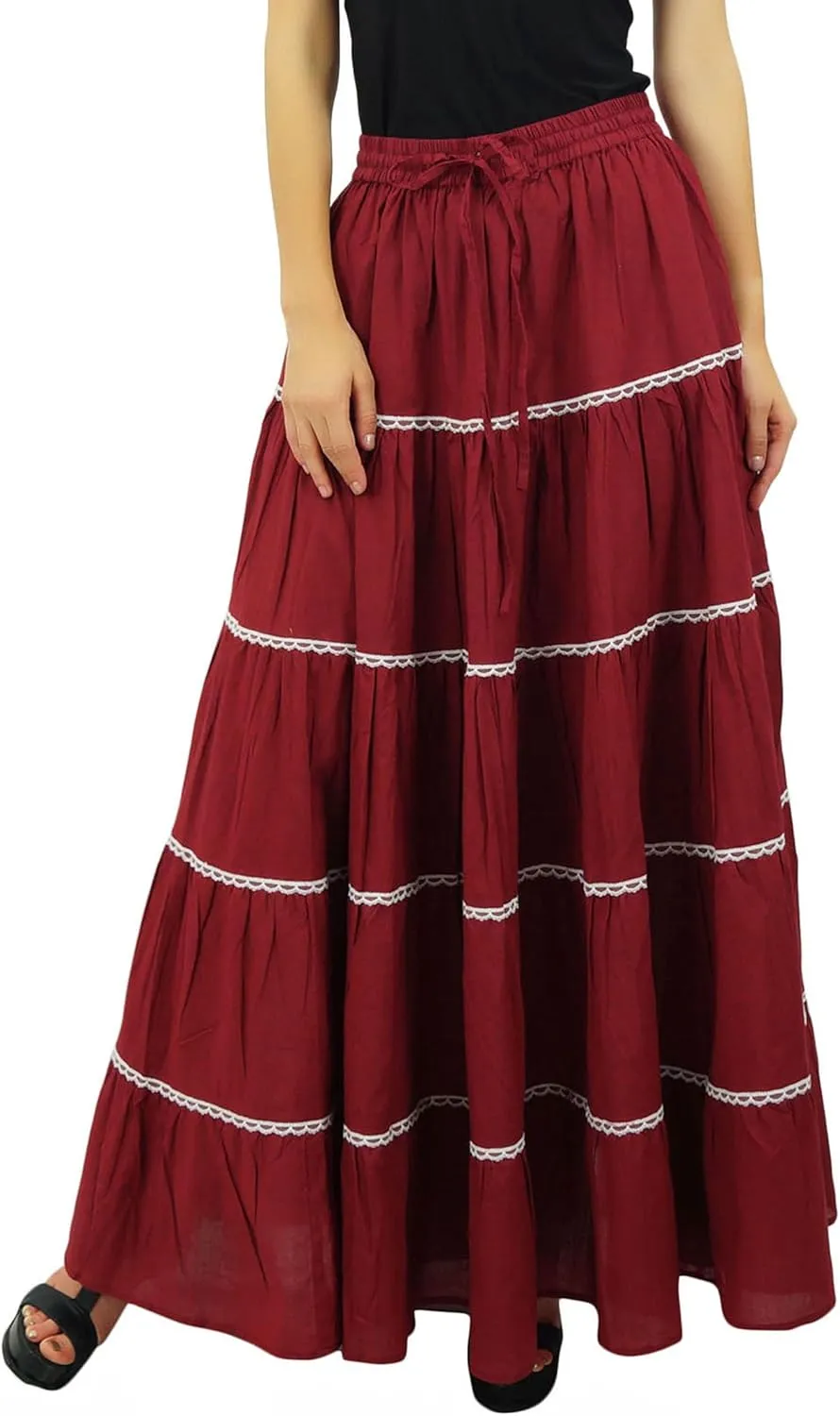 Bimba Womens Long Flaired Cotton Skirt Boho Maxi Bottoms Elastic Waist Indian Clothing