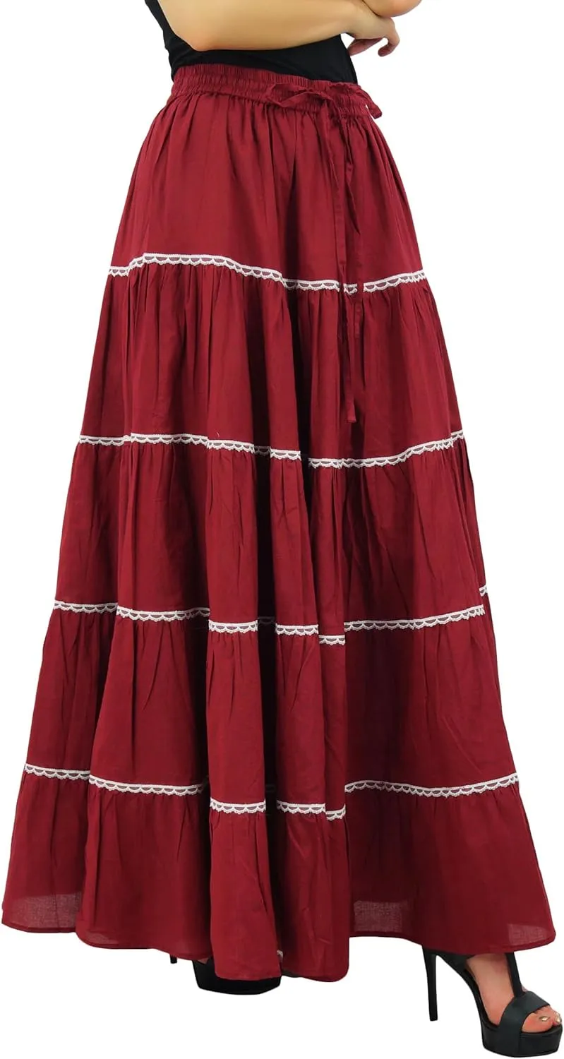 Bimba Womens Long Flaired Cotton Skirt Boho Maxi Bottoms Elastic Waist Indian Clothing