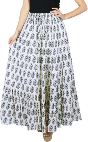 Bimba Womens Long Flaired Cotton Skirt Printed Boho Style Maxi Elastic Waist Bottoms White