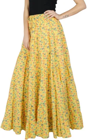 Bimba Womens Long Flaired Cotton Skirt Printed Boho Style Maxi Elastic Waist Bottoms Yellow