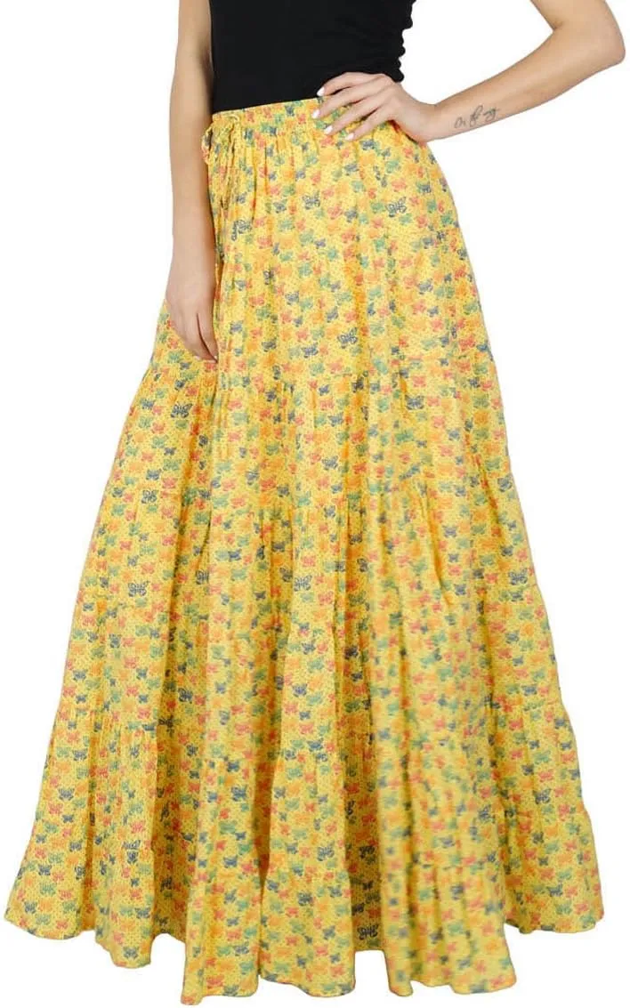 Bimba Womens Long Flaired Cotton Skirt Printed Boho Style Maxi Elastic Waist Bottoms Yellow
