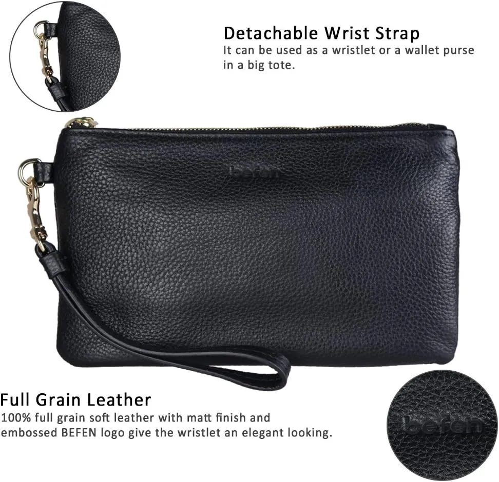 Black Genuine Leather Wristlet Clutch Cell Phone Wallet Purse Smartphone Wristlet Wallet Purses and Handbags for Women