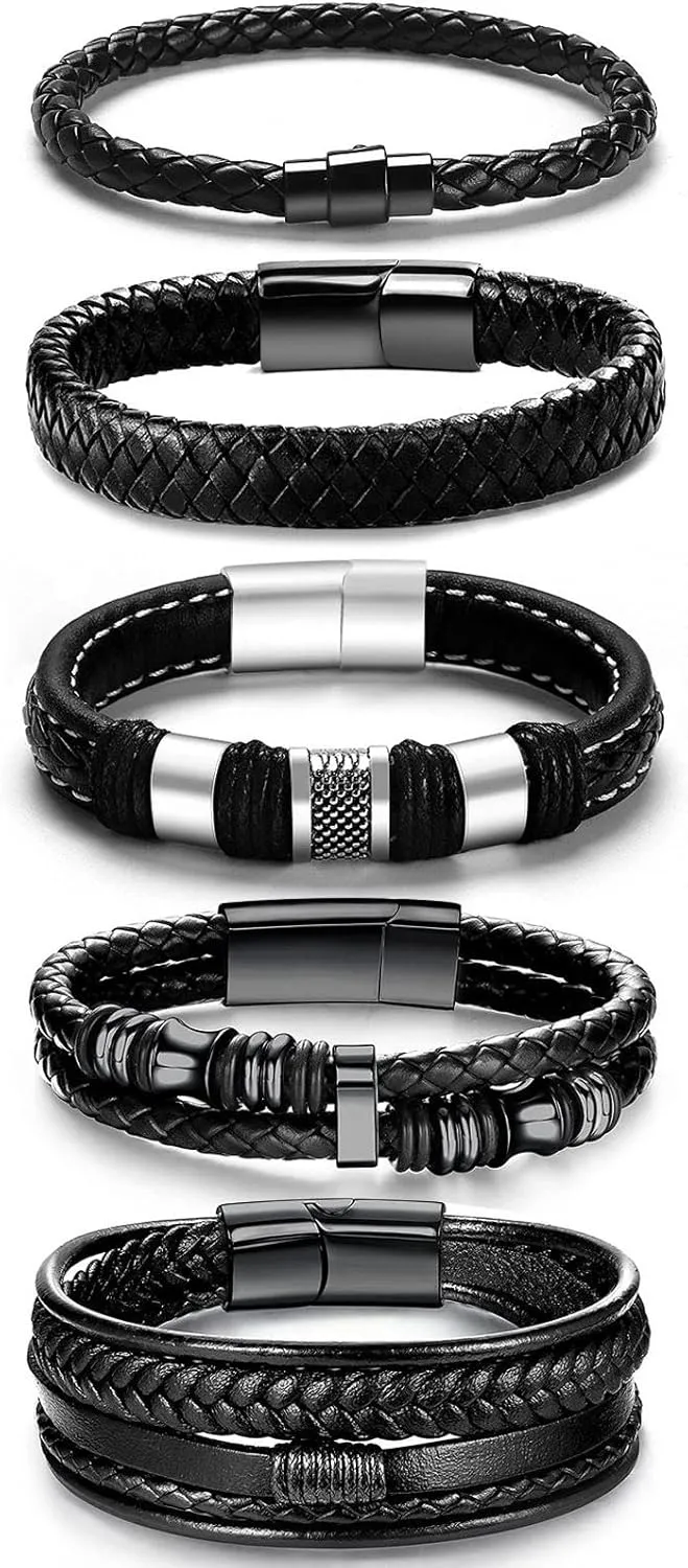 Black Leather Bracelets for Men Women 5pcs Mens Bracelet Leather and Steel Braided Cuff Bracelets