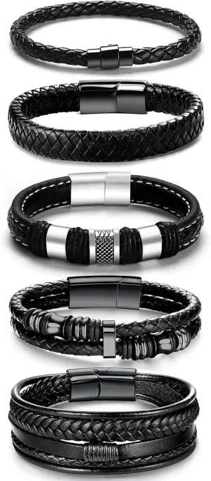 Black Leather Bracelets for Men Women 5pcs Mens Bracelet Leather and Steel Braided Cuff Bracelets