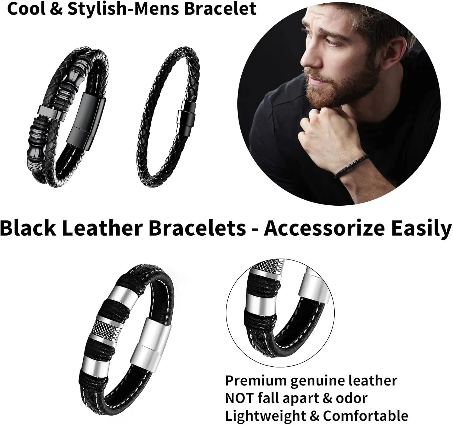 Black Leather Bracelets for Men Women 5pcs Mens Bracelet Leather and Steel Braided Cuff Bracelets
