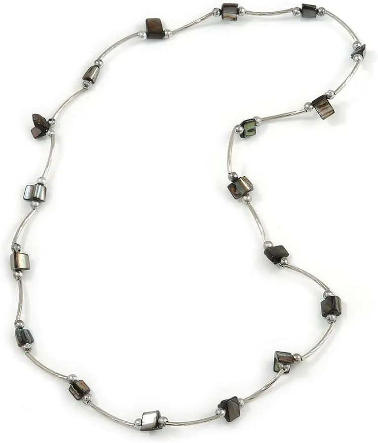 Black Shell Nugget Necklace In Silver Tone Metal - 66cm L