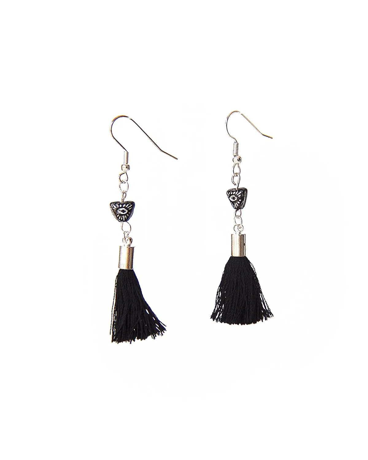 Black Tassel Dangle Earrings, Evil Eye Link Earrings, Long Silver Earrings, Hypoallergenic Nickel Free Regular Ear Wires, For Sensitive Ears, Jewelry Inspirations