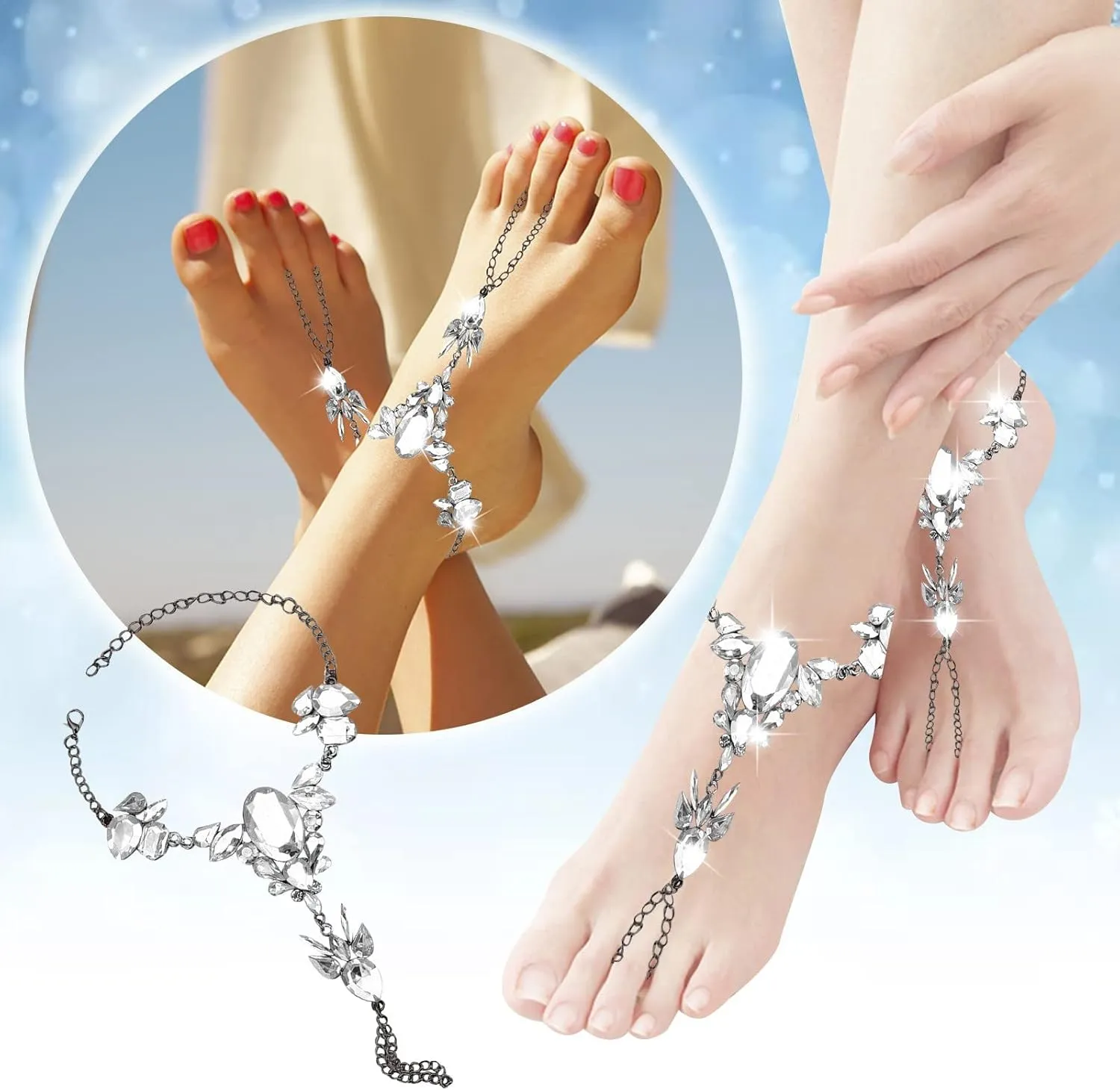 Bling Rhinestone Barefoot Sandals Gold Crystal Anklet Diamond Anklets Foot Chain Beach Feet Jewelry for Women Beach Bracelet Anklets of The Rings 1 (Black, One Size)