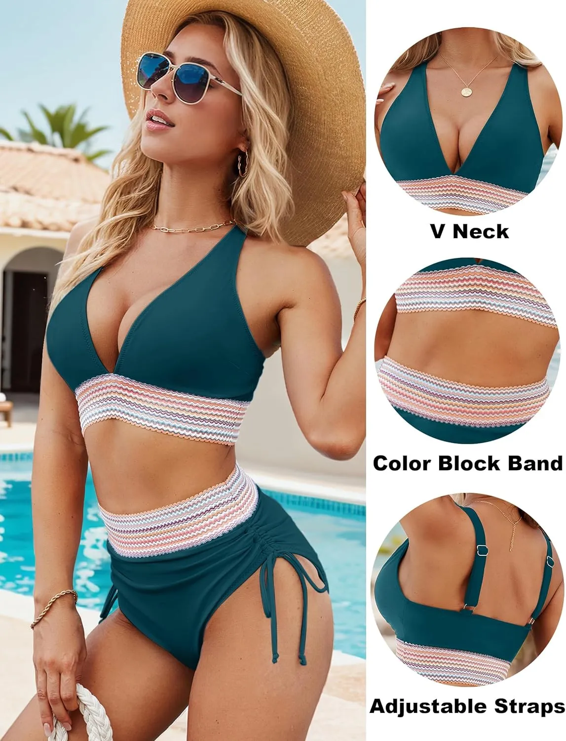 Blooming Jelly Womens High Waisted Bikini Sets Color Block Tummy Control Swimsuits Drawstring Two Piece Bathing Suit