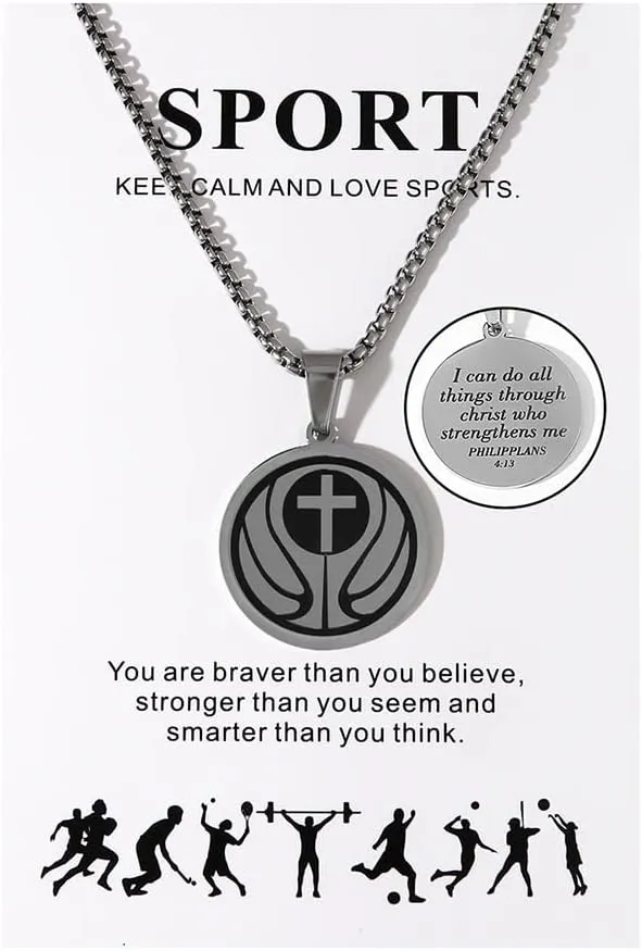 Blue Drop Sport Cross Necklace for Women Men Volleyball Basketball Hockey Baseball Soccer Rugby Pendant Necklace I Can Do All Things Jesus Necklace Bible Verse Christian Faith Religious Jewelry