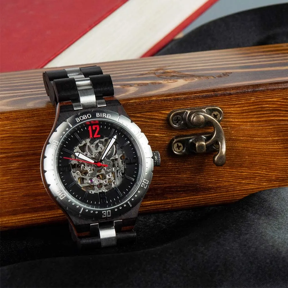 BOBO BIRD Mens Wooden Mechanical Watches Men Large Size Waterproof Watches Top Brand Luxury Timepieces