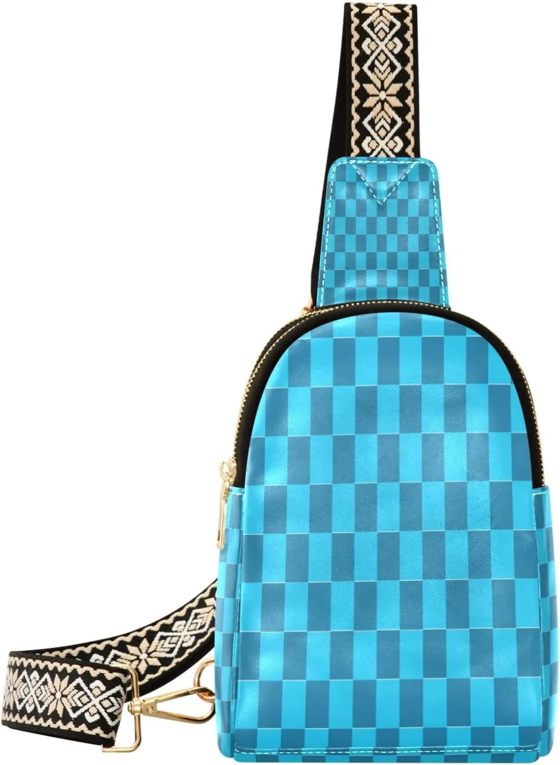 Boccsty Blue Checkered Leather Hiking Waist Packs Belt Bag for Women Men Sling Bag Fanny Pack Chest Bag with Adjustable Strap for Casual Travel Shopping