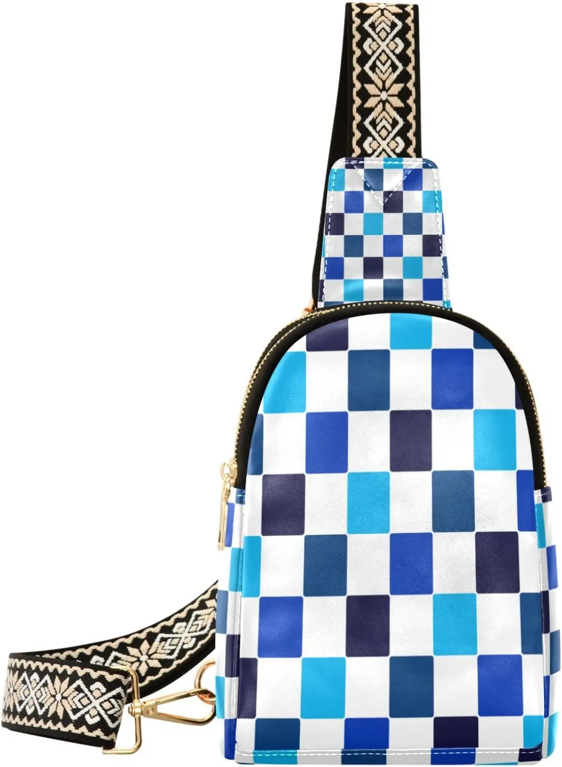 Boccsty Checker Art Blue Leather Hiking Waist Packs Belt Bag for Women Men Sling Bag Fanny Pack Chest Bag with Adjustable Strap for Casual Travel Shopping