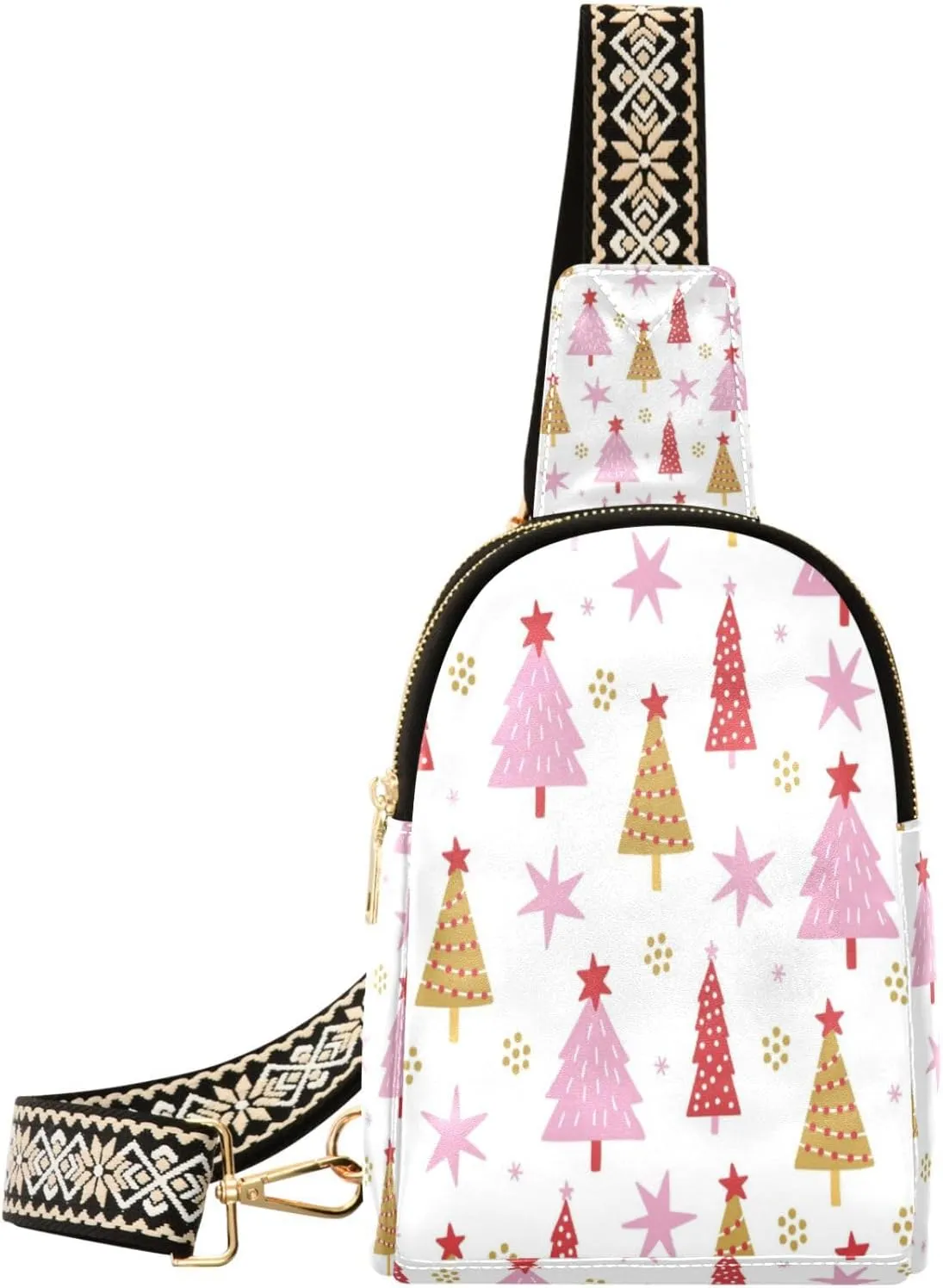 Boccsty Christmas Fir Trees Stars Leather Hiking Waist Packs Snowflakes Belt Bag for Women Men Sling Bag Fanny Pack Chest Bag with Adjustable Strap for Casual Travel Shopping