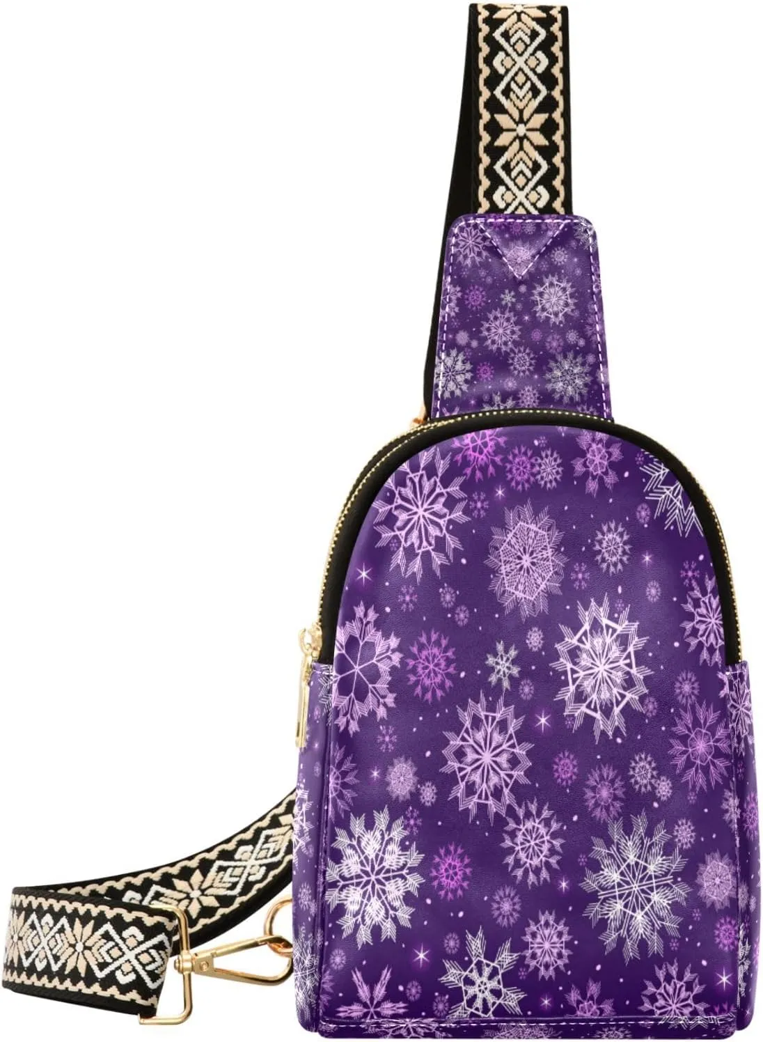 Boccsty Christmas Snowflakes Violet Leather Hiking Waist Packs Belt Bag for Women Men Sling Bag Fanny Pack Chest Bag with Adjustable Strap for Casual Travel Shopping