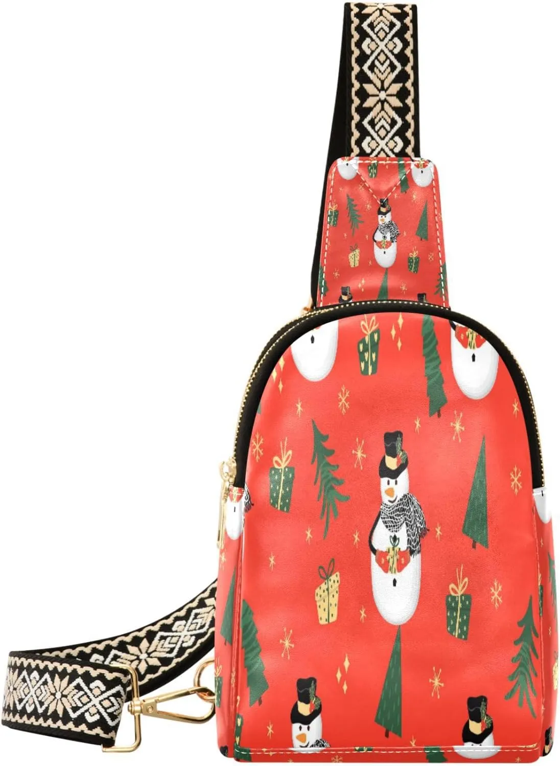Boccsty Christmas Snowman Fir Trees Leather Hiking Waist Packs Snowflakes Belt Bag for Women Men Sling Bag Fanny Pack Chest Bag with Adjustable Strap for Casual Travel Shopping