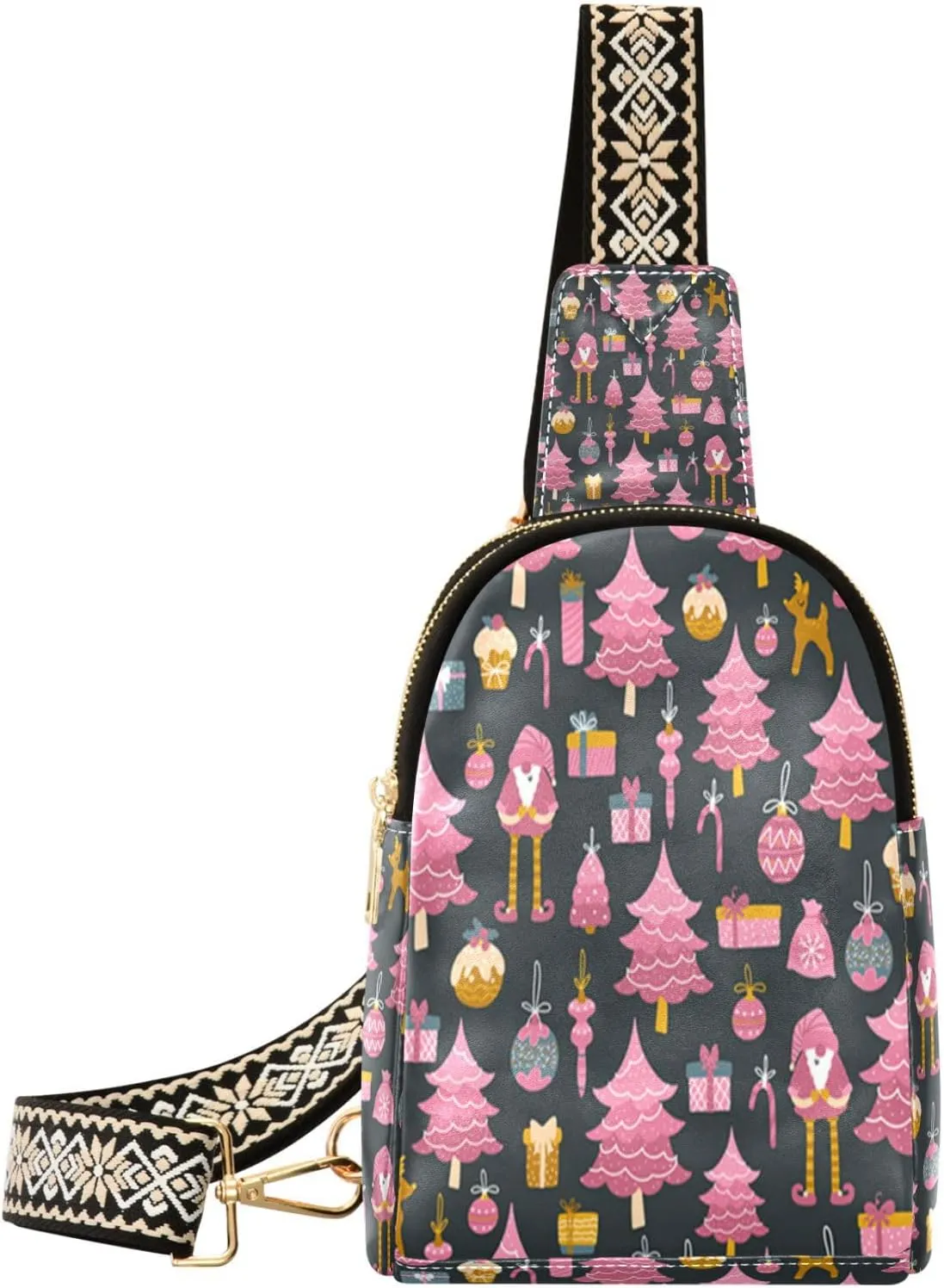 Boccsty Christmas Tree Gnome Leather Hiking Waist Packs Xmas Box Belt Bag for Women Men Sling Bag Fanny Pack Chest Bag with Adjustable Strap for Casual Travel Shopping