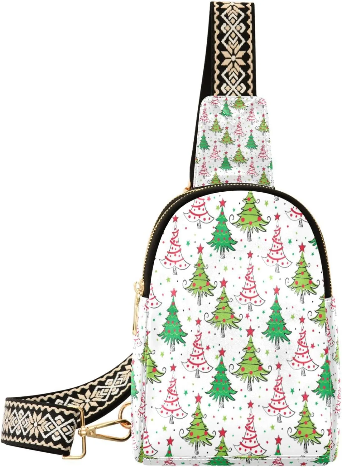 Boccsty Christmas Tree Green Red Leather Hiking Waist Packs Belt Bag for Women Men Sling Bag Fanny Pack Chest Bag with Adjustable Strap for Casual Travel Shopping
