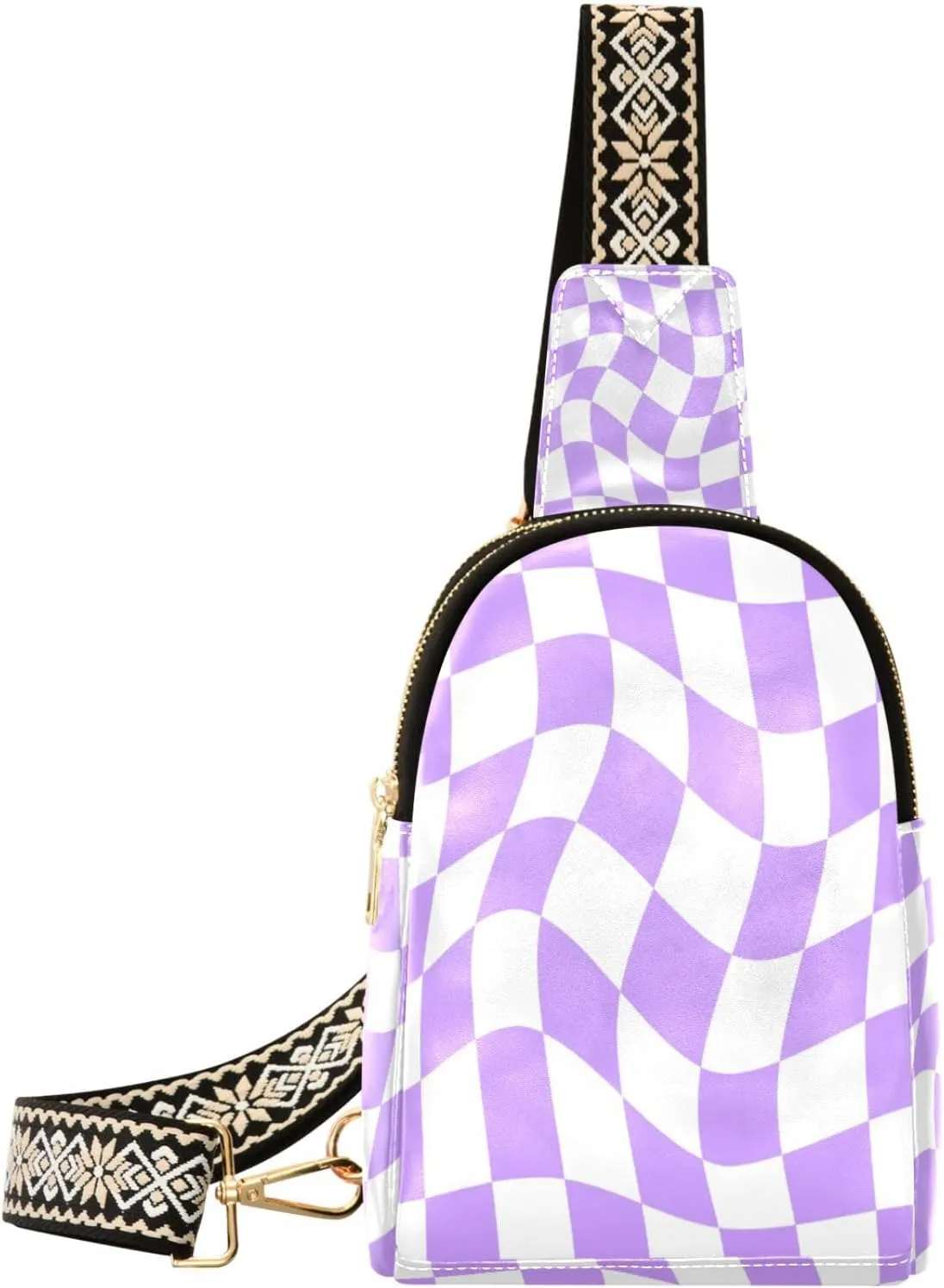Boccsty Distorted Chessboard Purple Leather Hiking Waist Packs Belt Bag for Women Men Sling Bag Fanny Pack Chest Bag with Adjustable Strap for Casual Travel Shopping