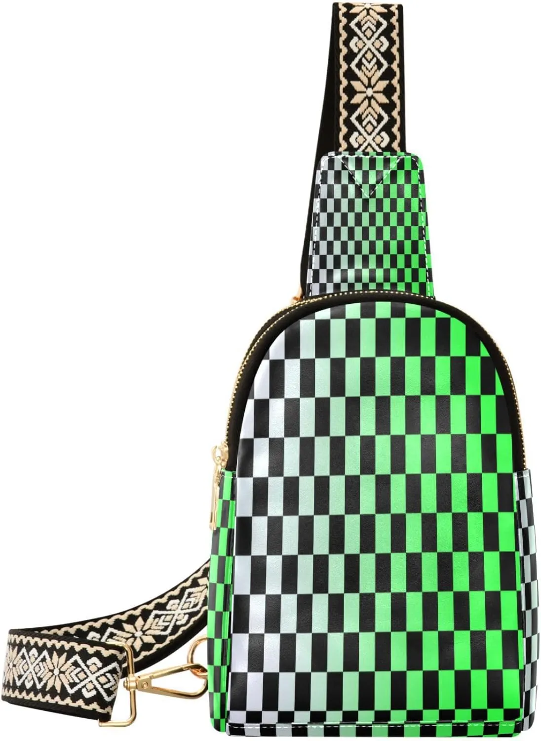 Boccsty Green Checker Board Leather Hiking Waist Packs Belt Bag for Women Men Sling Bag Fanny Pack Chest Bag with Adjustable Strap for Casual Travel Shopping