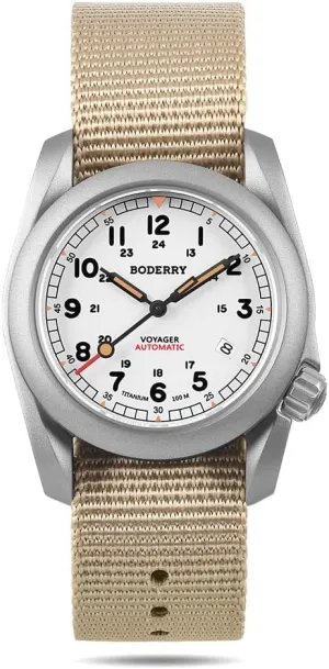 BODERRY Men's Watch Titanium Automatic Field Watch 40mm Military Watch Day Date Function 100M Waterproof with Nylon Strap Japanese Mechanical Movement & Screw Down CrownVoyager