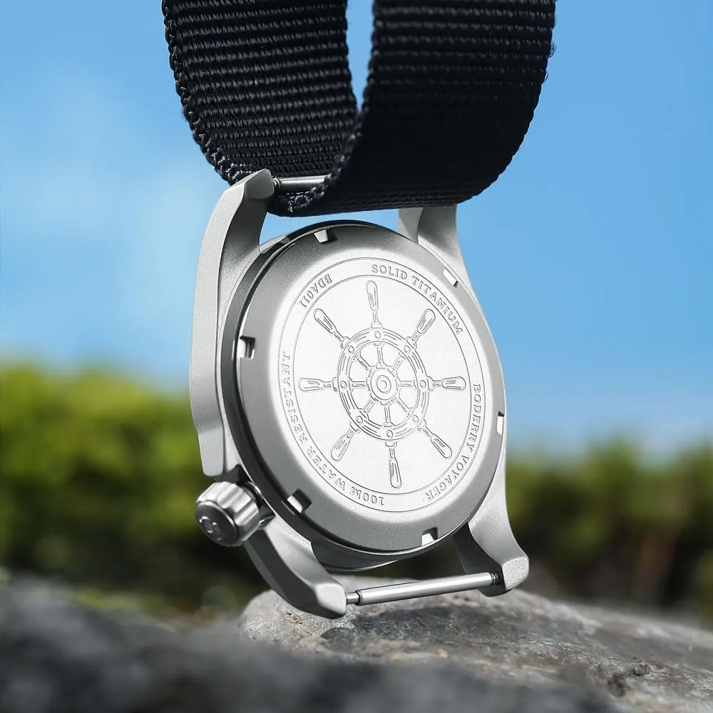 BODERRY Men's Watch Titanium Automatic Field Watch 40mm Military Watch Day Date Function 100M Waterproof with Nylon Strap Japanese Mechanical Movement & Screw Down CrownVoyager