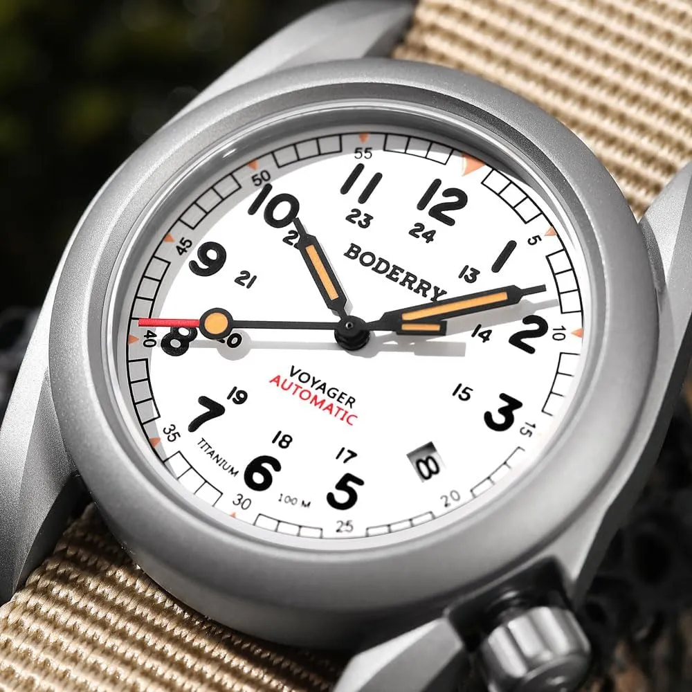 BODERRY Men's Watch Titanium Automatic Field Watch 40mm Military Watch Day Date Function 100M Waterproof with Nylon Strap Japanese Mechanical Movement & Screw Down CrownVoyager