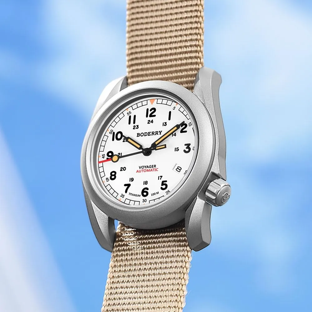 BODERRY Men's Watch Titanium Automatic Field Watch 40mm Military Watch Day Date Function 100M Waterproof with Nylon Strap Japanese Mechanical Movement & Screw Down CrownVoyager