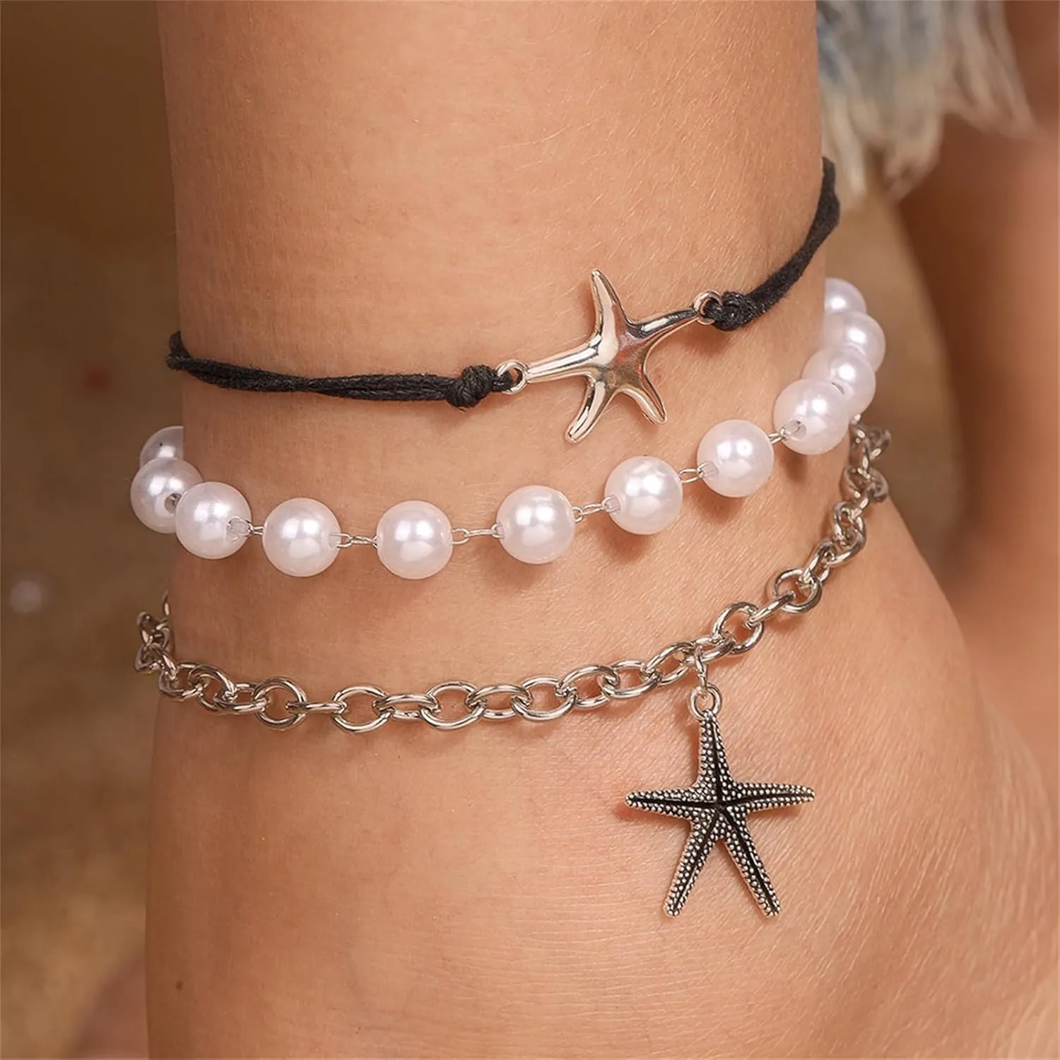 Bohemia Beaded Anklets Set,Multicolor Rainbow Anklets Elastic Foot and Hand Chain Summer Vacation Beach Jewelry for Women