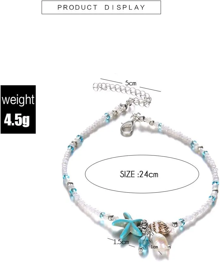 Bohemian Beach Anklets for Women Blue Beach Shell Starfish Foot Chain for Woman Girls, Medium
