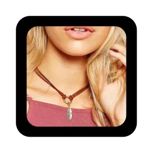 Bohemian Feather Pendant Necklace Brown Suede Choker Necklace Layered Velvet Collar Necklace Circle Leather Choker Necklace Jewelry for Women