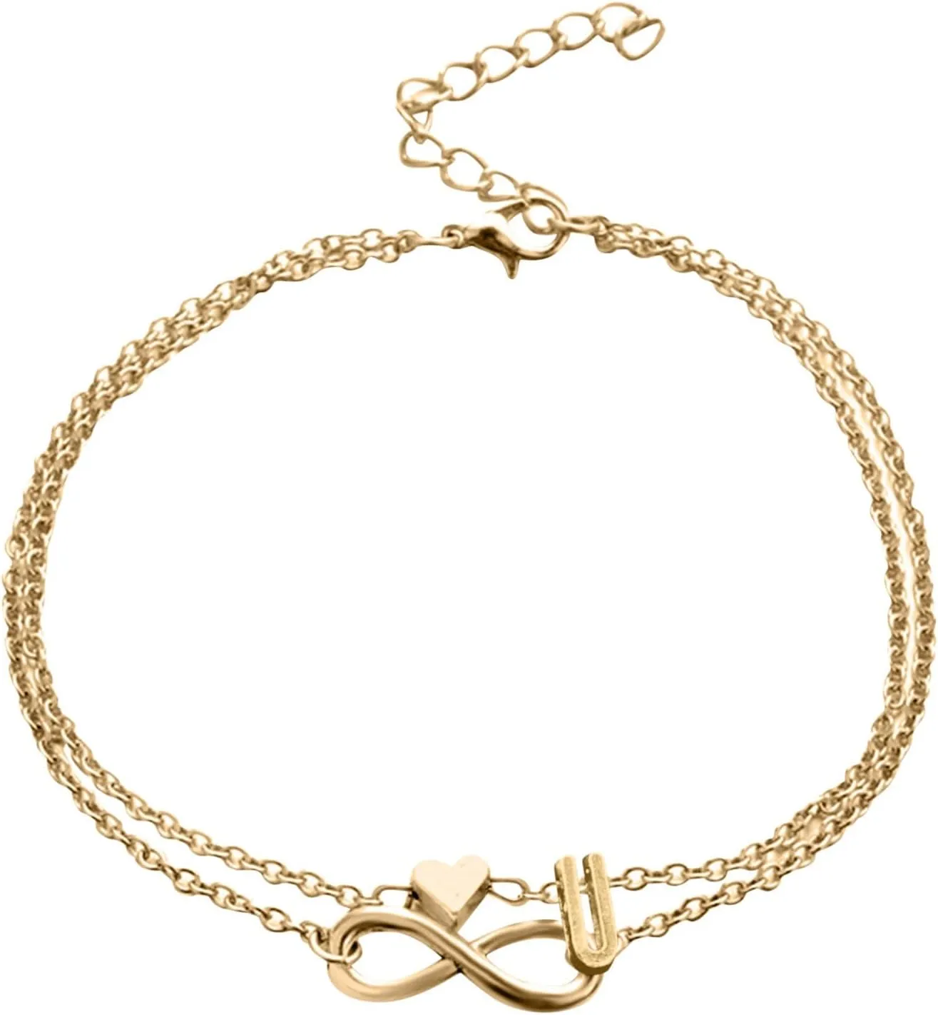 Boho Beaded Anklet Bracelet Heart Layer Anklet Female Bracelets Letters Letters Chain Double Initial 26 (U, One Size)