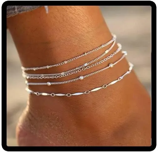 Boho Beaded Anklets Silver Multilayer Bead Chain Anklet Bracelets Beach Accessories Foot Jewelry Adjustable for Women