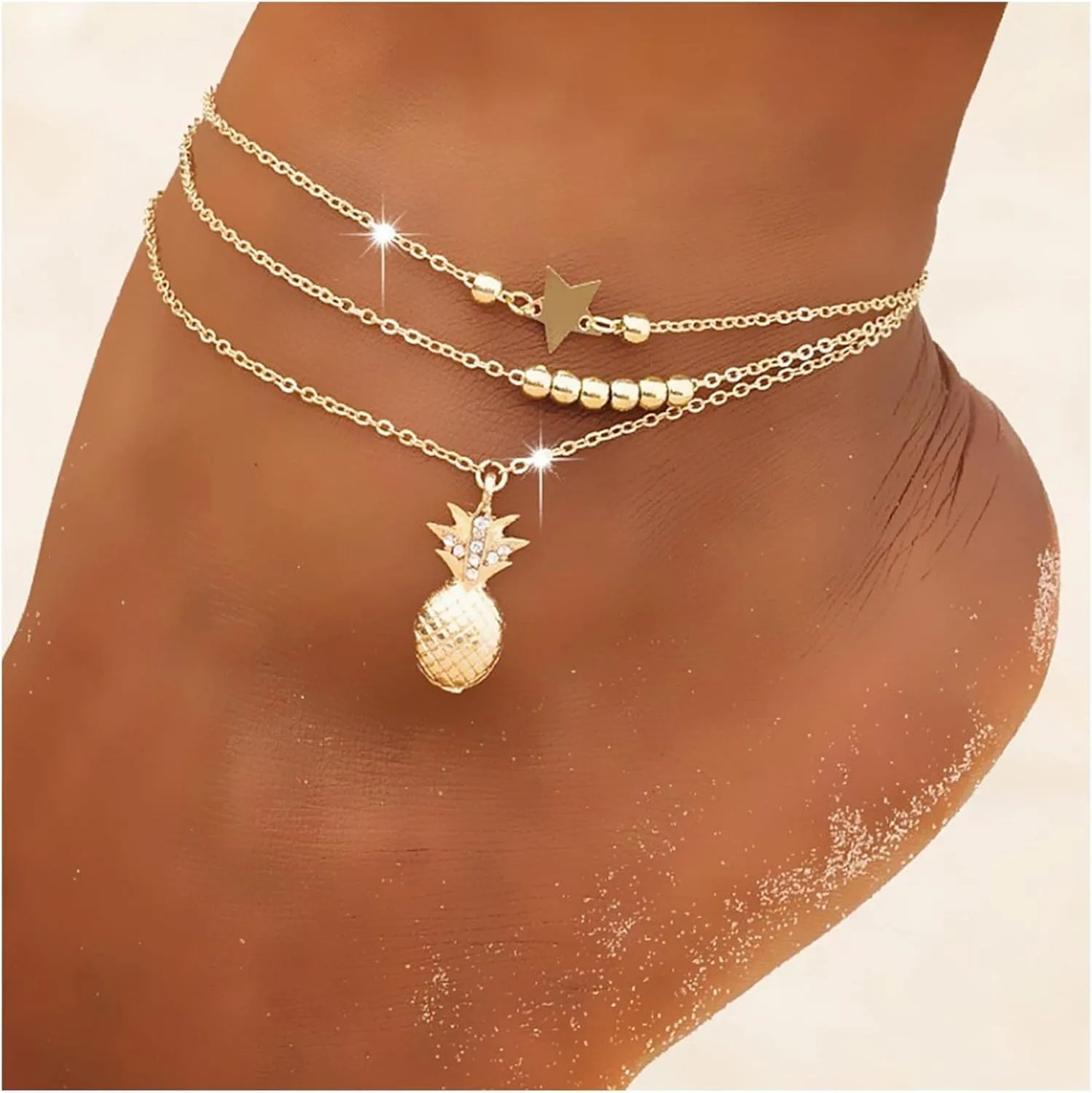 Boho Layered Star Anklet Bracelet Cz Pineapple Anklet Chain Gold Beaded Ankle Bracelets Beach Star Foot Chain Jewelry for Women