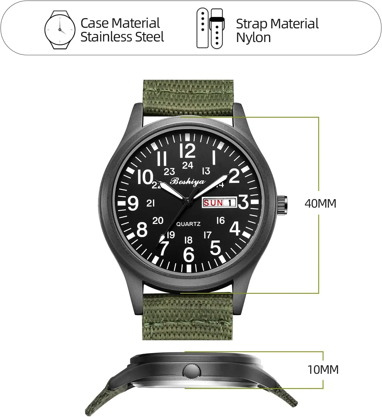BOSHIYA Men's Military Tactical Field Watches Outdoor Sports/Work Watch Waterproof Analogue Quartz Watches Minimalist Lightweight Nylon Watch - Imported Japanese Movement/40mm Waterproof/Date Display