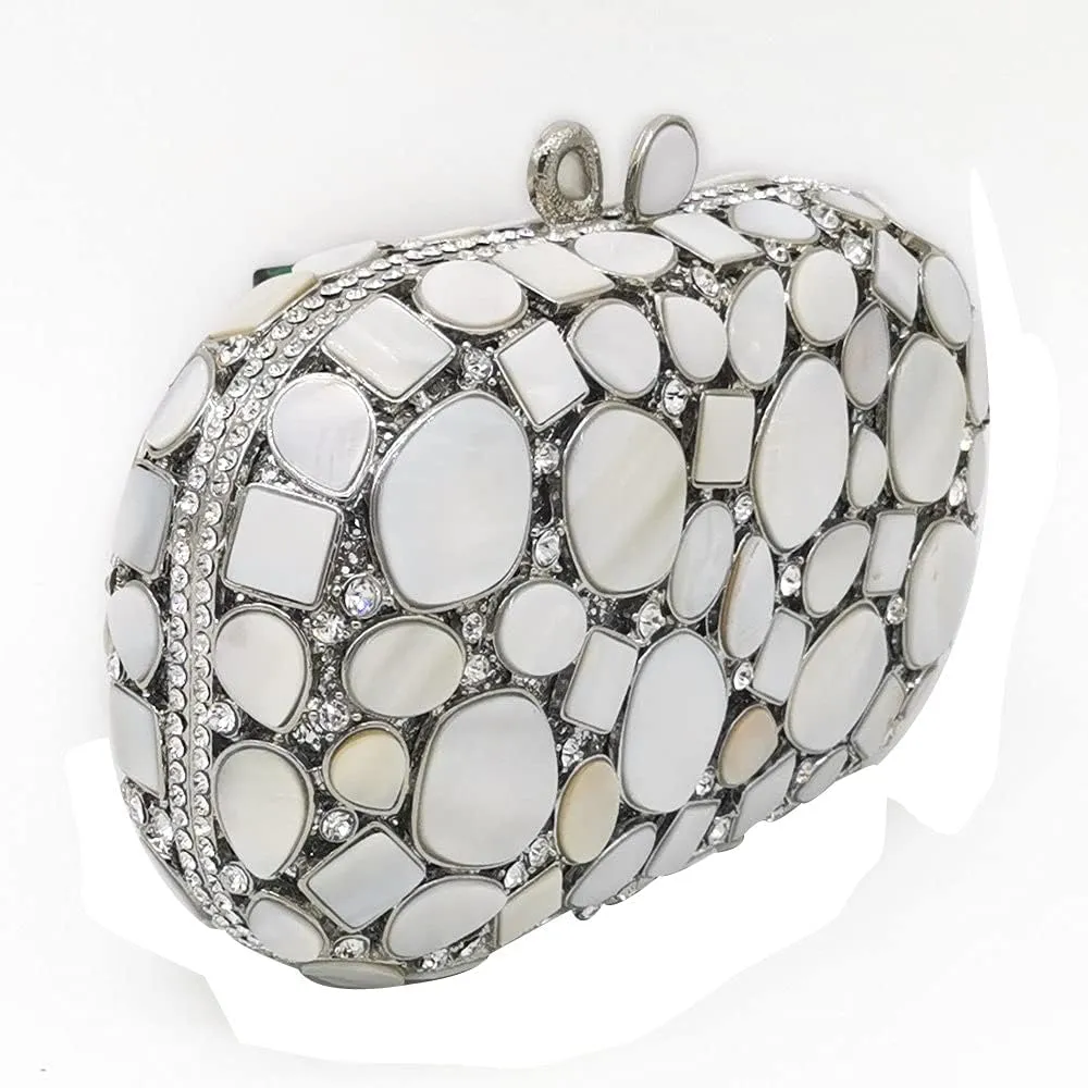 Boutique De FGG Mother of Pearl Shell Women Rhinestone Evening Clutch Bag Prom Rhinestone Clutch Purse Wedding Handbag,Mini