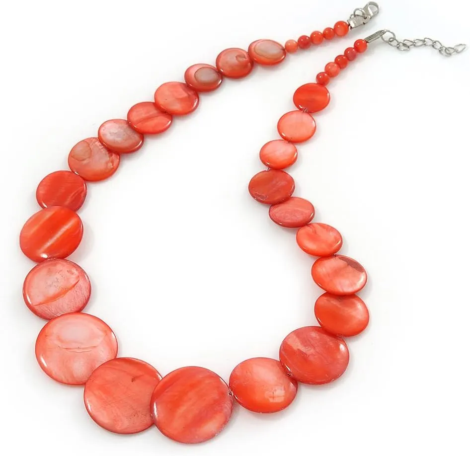 Brick Red Shell Necklace In Silver Plating - 40cm Length/ 3cm Extension