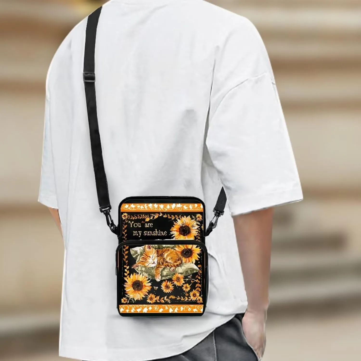 Brown Cat Sunflowers Leaves Crossbody Shoulder Bag, Polyester Cross Chest Bag Satchel Bags Phone Purse Pouch School Accessories for Kids Little Girls Boys