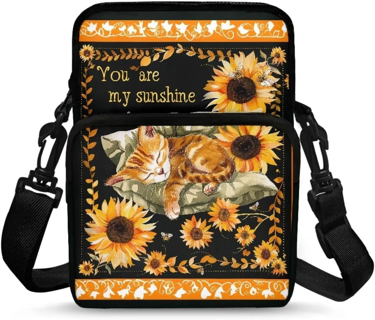 Brown Cat Sunflowers Leaves Crossbody Shoulder Bag, Polyester Cross Chest Bag Satchel Bags Phone Purse Pouch School Accessories for Kids Little Girls Boys