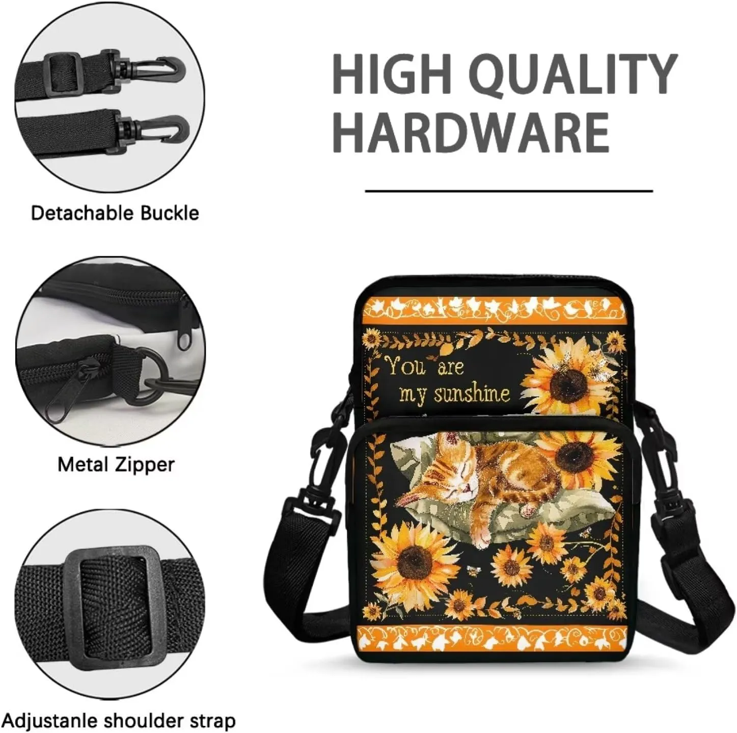 Brown Cat Sunflowers Leaves Crossbody Shoulder Bag, Polyester Cross Chest Bag Satchel Bags Phone Purse Pouch School Accessories for Kids Little Girls Boys