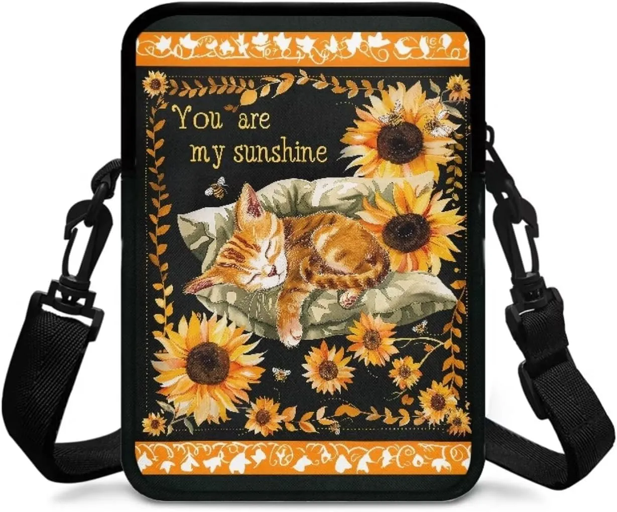 Brown Cat Sunflowers Leaves Crossbody Shoulder Bag, Polyester Cross Chest Bag Satchel Bags Phone Purse Pouch School Accessories for Kids Little Girls Boys
