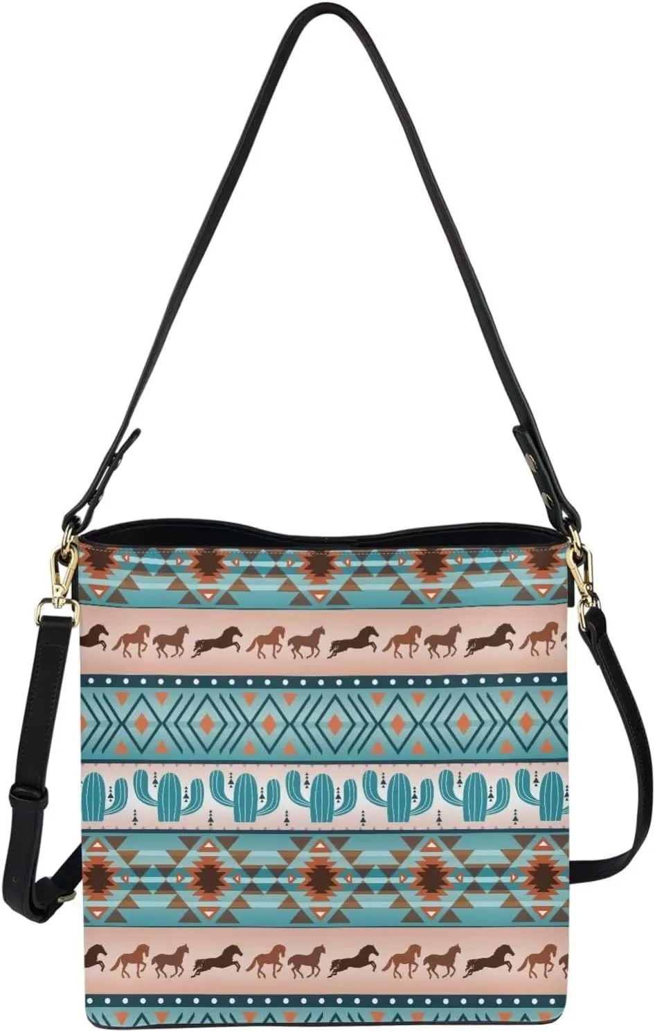 Bucket Bag for Women Western Shoulder Purses Boho Aztec Satchel with Detachable Strap and Magnetic Snap