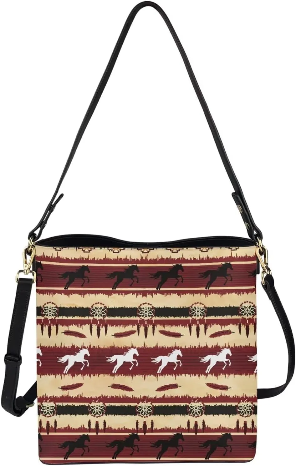 Bucket Bag for Women Western Shoulder Purses Boho Aztec Satchel with Detachable Strap and Magnetic Snap